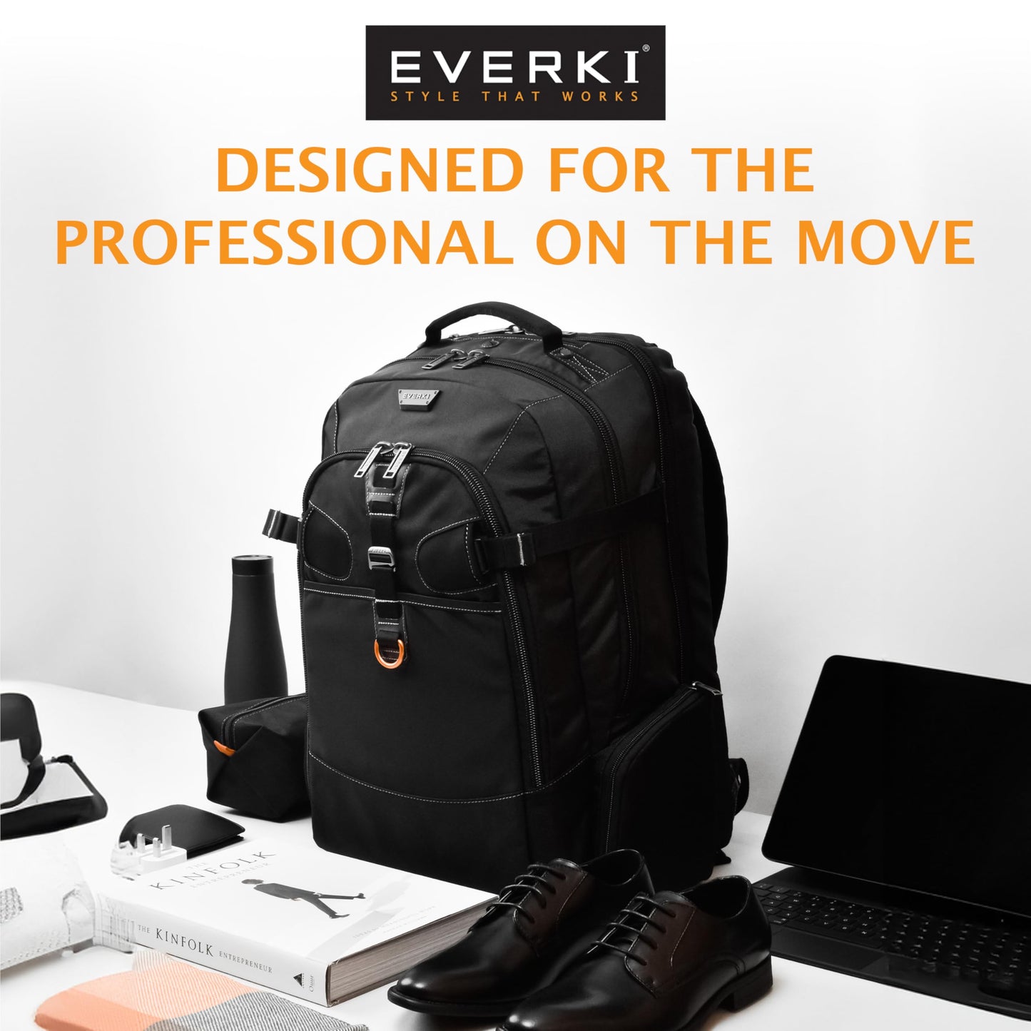 EVERKI Business Laptop Backpack for Men & Women + Compressible Packing Cube Set (S & M), 40L Capacity, Extra Large Laptop Compartment, 180 Degree Fold-Out Design, Work & Gaming Laptop Bag w Rain Cover