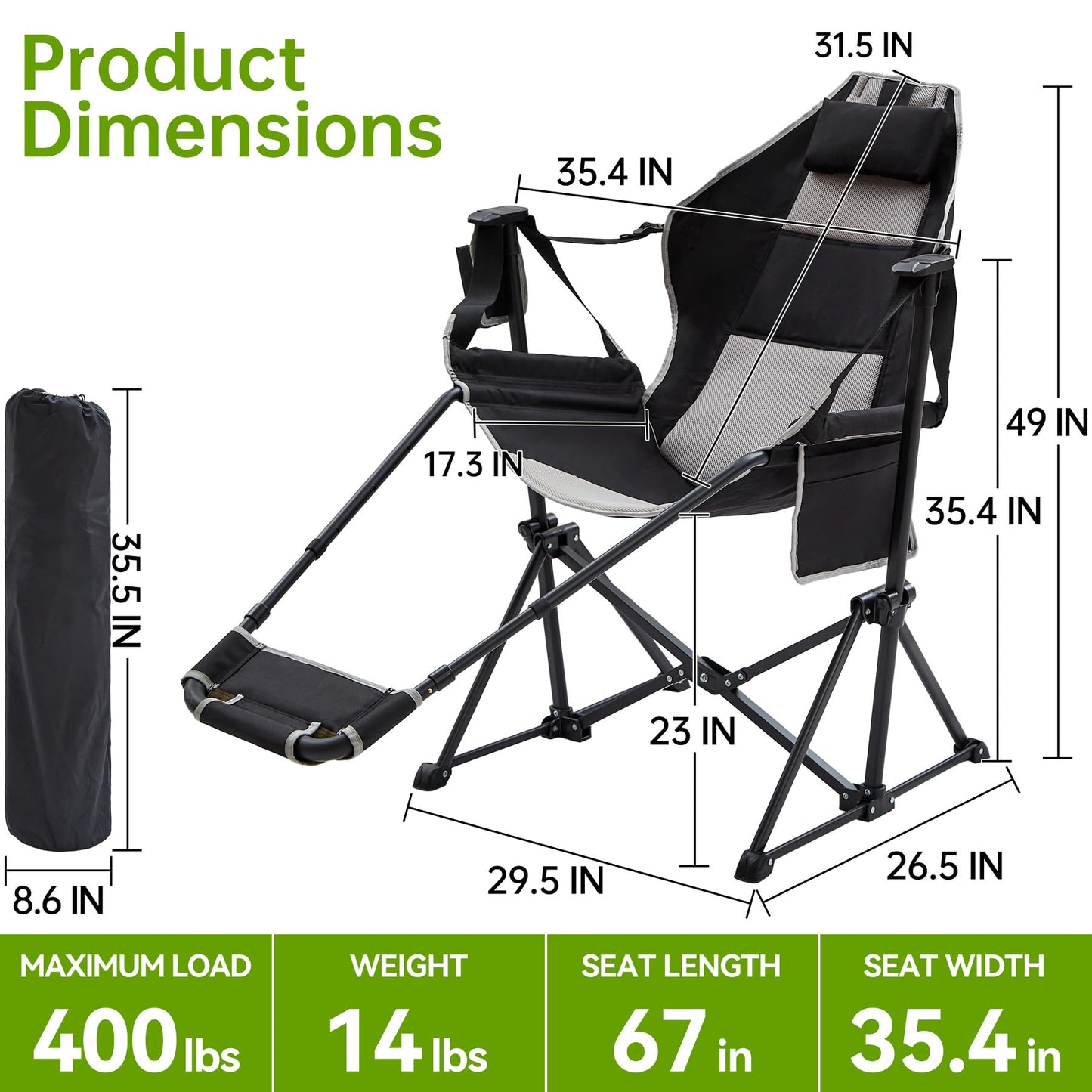 Hammock Swinging Rocking Camping Chairs with Footrest for Adults up to 400lbs,Folding Portable Chair with Cup Holder Pillow,Heavy Duty Chair for Beach,RV Travel,Hiking
