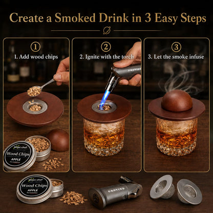 Grovind Whiskey Smoker Kit,Cocktail Smoker Kit with Torch,Bourbon smoker kit,Old Fashioned Smoker kit,Drink Smoker Infuser Kit with Wood Chips,Birthday Whiskey Bourbon Gifts for Men,Dad,Husband