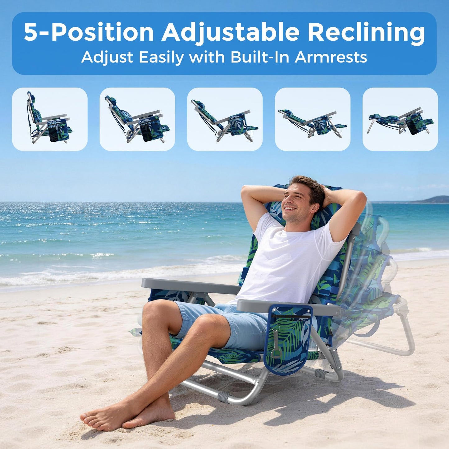 5-Position Backpack Beach Chairs for Adults, Foldable Heavy-Duty Beach Chair with Lumbar,Cooler Bag,Cup Holder,Towel Rack for Beach, Camping, Outdoor(2Pack)