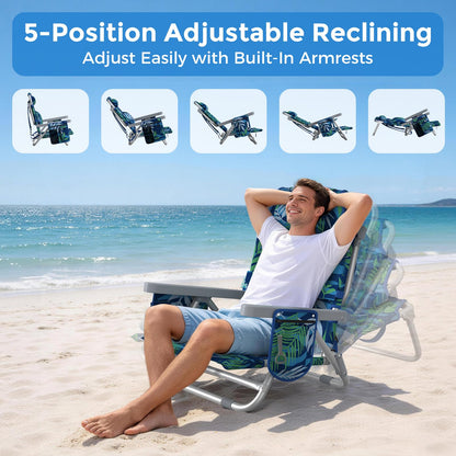 5-Position Backpack Beach Chairs for Adults, Foldable Heavy-Duty Beach Chair with Lumbar,Cooler Bag,Cup Holder,Towel Rack for Beach, Camping, Outdoor(2Pack)