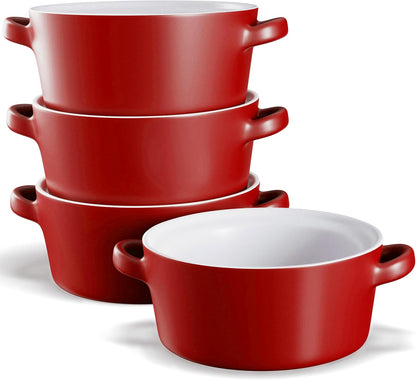 Kook Soup Crocks - Stackable Ceramic Bowls | Oven, Microwave & Dishwasher Safe | 18 oz Capacity, Set of 4 - Matte Red