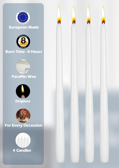 Hyoola Tall Taper Candles - 10 Inch White Unscented Dripless Taper Candles - 8 Hour Burn Time - 4 Pack