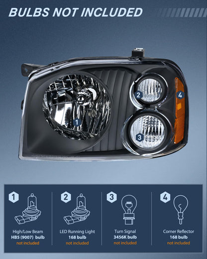 Nilight Headlight Assembly Compatible with 2001 2002 2003 2004 Nissan Frontier XE OE Style Replacement Halogen Headlights Black Housing Amber Reflector Clear Turn Light Headlamp Passenger and Driver