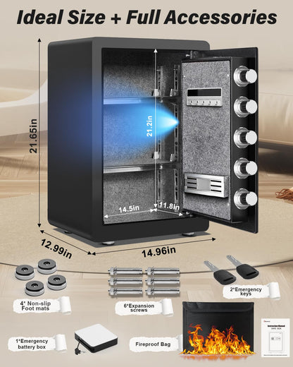 Kavey 2.5 Cub Safe Box, Large Home Safe with Fireproof Waterproof Bag, Security Safes with Backlit Touch Screen Keypad, Dual Alarm System and Mute Function for Home Office 13"D x 14.96"W x 21.65"H