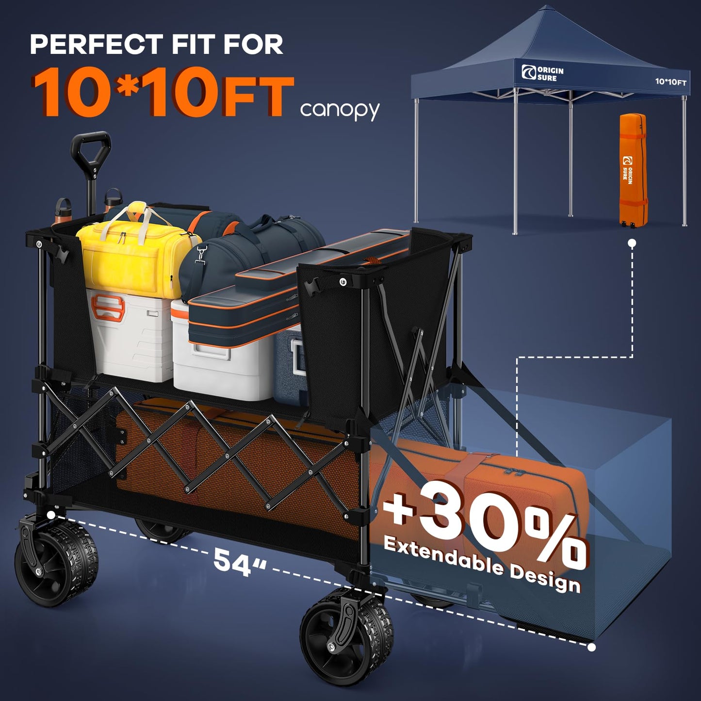 400L Double Decker Wagon Collapsible with 54" L Tailgate, 560lbs Heavy Duty Wagons Carts Foldable, Extra Large Folding Beach Wagon with Big All-Terrain Wheels for Camping, Sports, Groceries, Black