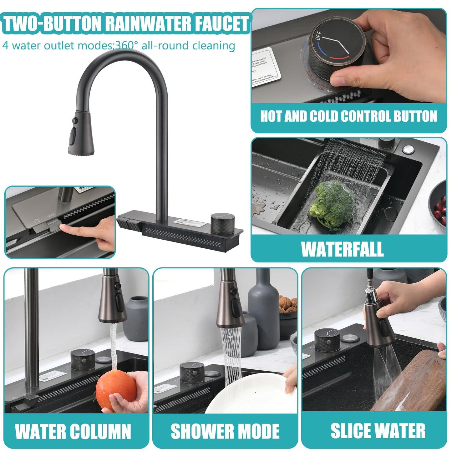 Nano Black Kitchen Single Bowl Sink Stainless Steel Waterfall Sink with Double button Pull-Out Tap,rain Basket,Cup washer, cutting board, vegetable washing basin (BLACK, 30X18")