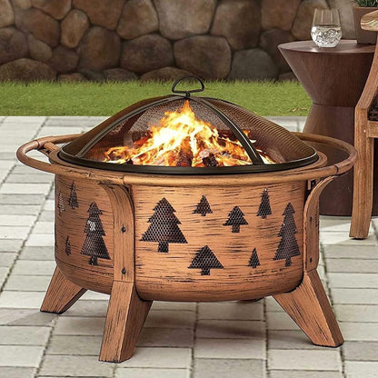 Sunjoy Fire Pit 30 in. Outdoor Wood-Burning Fire Pit, Patio Tree Motif Round Steel Firepit Large Fire Pits for Outside with Spark Screen and Poker