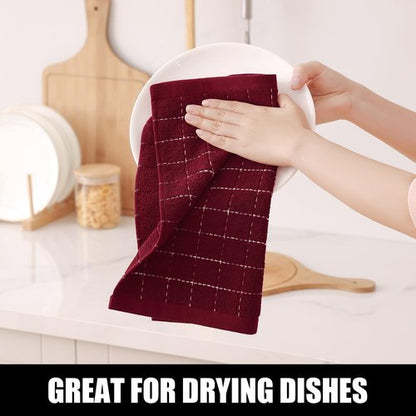 Homaxy 100% Cotton Terry Kitchen Towels(Burgundy Red, 13 x 28 inches), Checkered Designed, Soft and Super Absorbent Dish Towels, 6 Pack