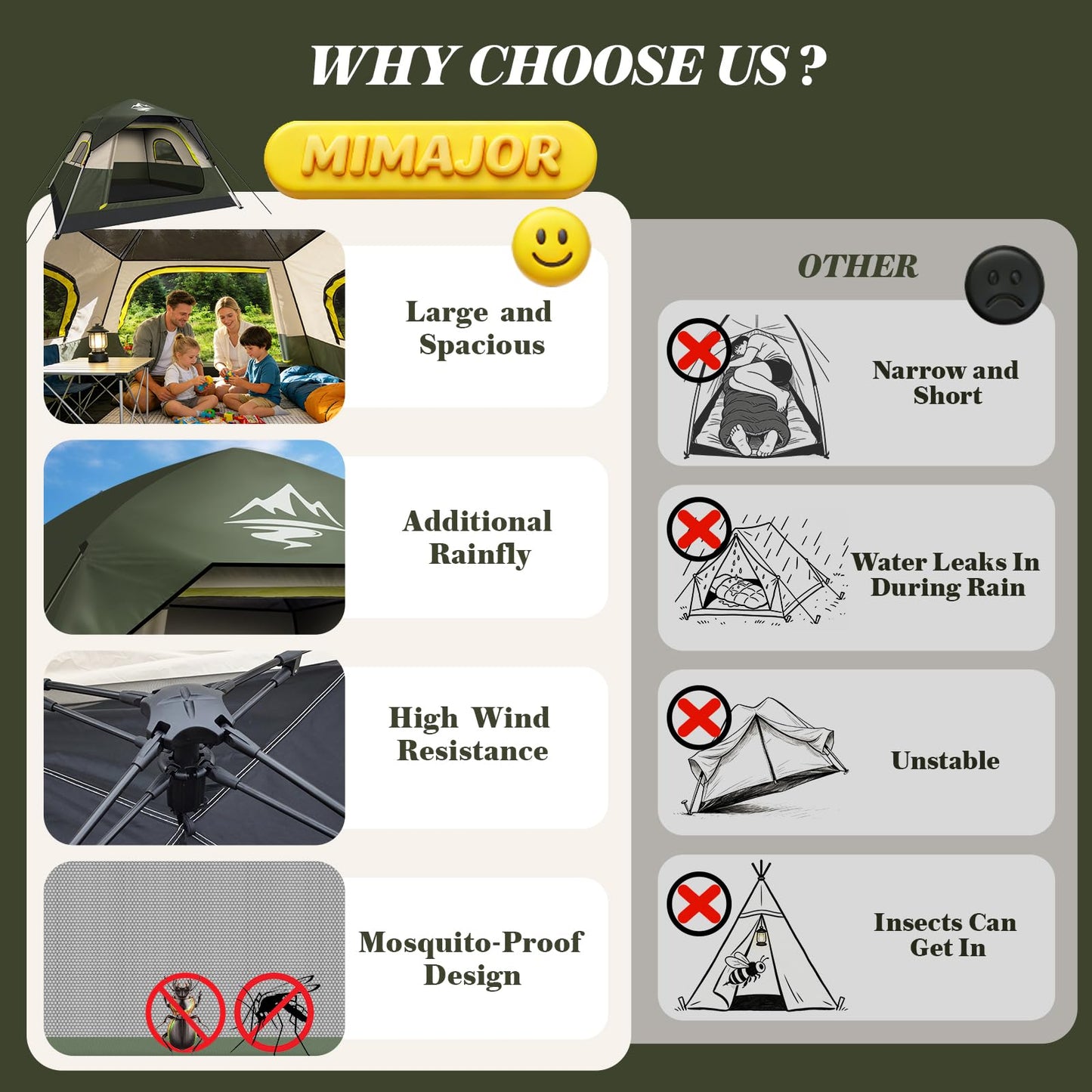 4 Person Instant Camping Tent - Waterproof Pop Up Tents for Camping with Rainfly, Large Family Tent with Pre-Attached Poles, 60S Easy Setup, Upgraded Ventilation with Welcome Mat