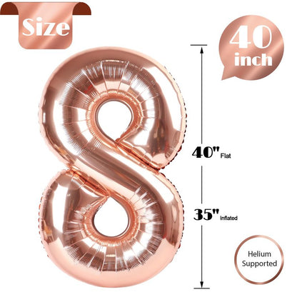 Rose Gold Number 8 Balloon 40 Inch, 8th Birthday Party Decorations for Children, Giant 8 Foil Balloon for Party Supplies