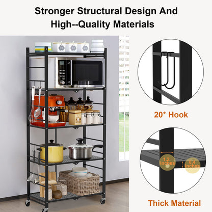 Himix Storage Shelves with Hooks, No Assembly Metal Folding Shelf on Wheels for Kitchen