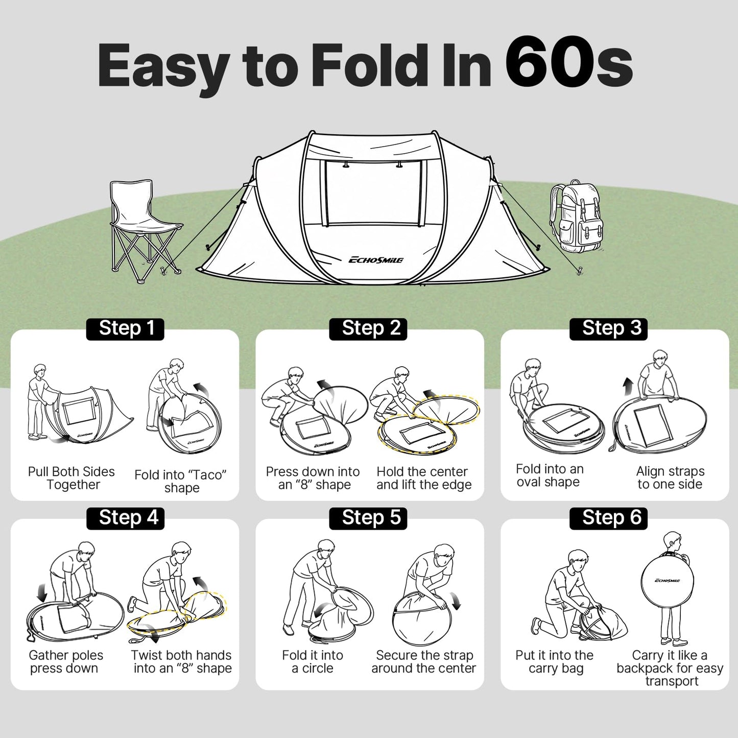 EchoSmile Instant Pop Up Camping Tent, 6 Person Easy Setup Tent, Water Resistant Dome, Portable with Carry Bag,Black & Orange,