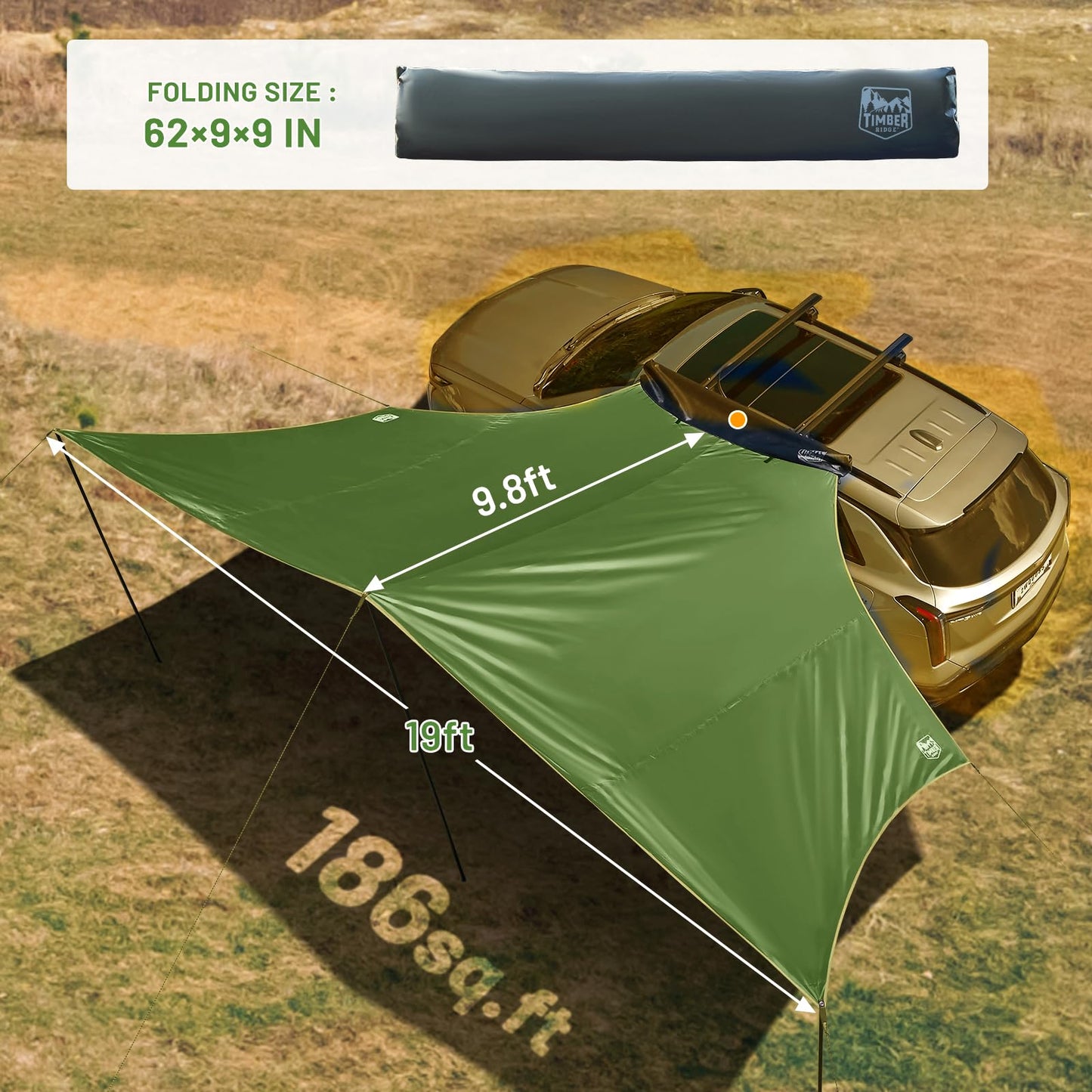 TIMBER RIDGE 19x9.8ft Retractable Car Awning with Blackout Coating, 186ft² Roof Rack Pull-Out Sun Shade Overland Camping, UPF50+ Waterproof Sun Shelter for Vehicle/Truck/Jeep/SUV/Van Green