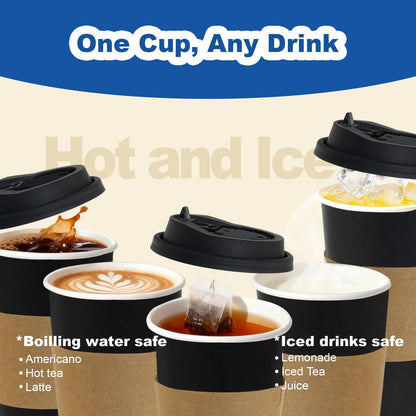 Coolcap 20 oz 500 Pack Coffee Cups with Lids and Sleeves, Straws, Hot Disposable To Go Travel Paper Cups Bulk for Office, Home Coffee Bar Accessories, Chocolate, Cocoa, Beverage (Black)