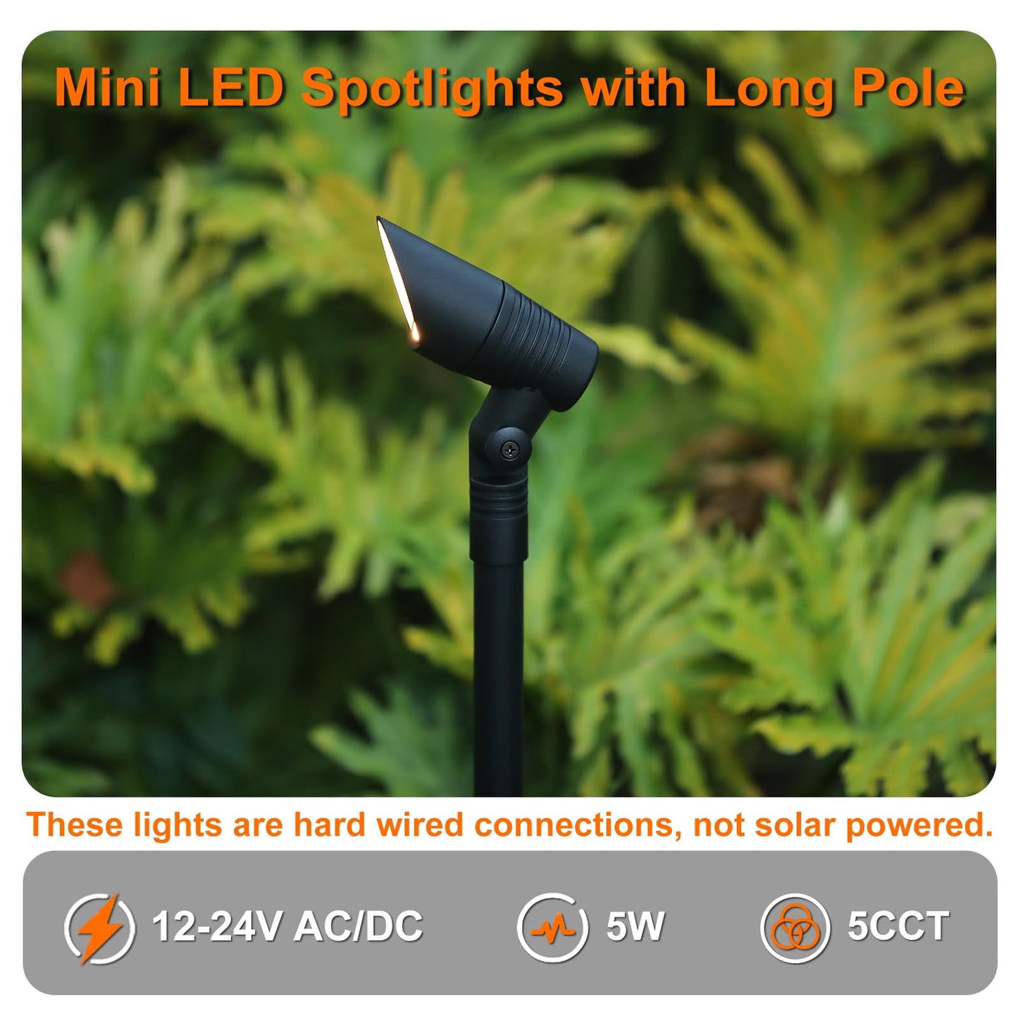 ZestPatio Mini Landscape Spotlights Low Voltage, 16'' Tall Pole, 5CCT 5W 12V LED Landscape Spot Lights Wired for Outdoor Palm Tree House Yard Flag Pathway Path Sidewalk, 60° Beam Angle, Black, 6PK