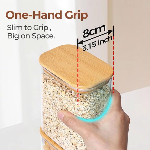 ComSaf Glass Storage Containers - 1.8 Qt Rectangle Jars with Bamboo Lids for Food & Pantry Organization