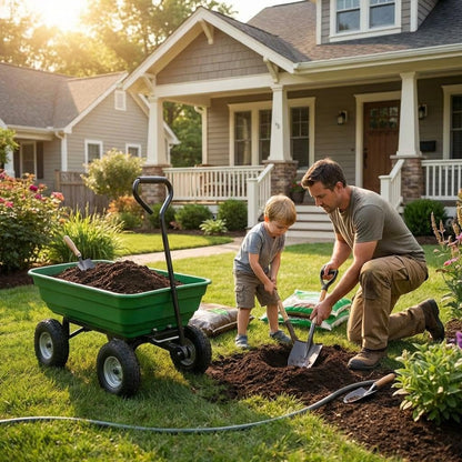 GarveeTech Heavy Duty Utility Wheelbarrow Cart 4 Wheel Garden Wagon with Dump Feature, Foldable D-Handle Steering, Built-in Stand, All-Terrain Rolling Yard Cart for Gardening, Lawn, Landscaping