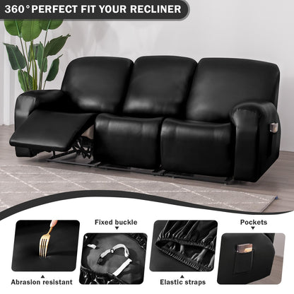 vctops 8 Pieces Waterproof Faux PU Leather Recliner Sofa Covers Stretch Soft 3 Seats Couch Cover Anti-Slip Sofa Slipcover Furniture Protector with Elastic Bottom for Kids Pet(Black,3 Seat)
