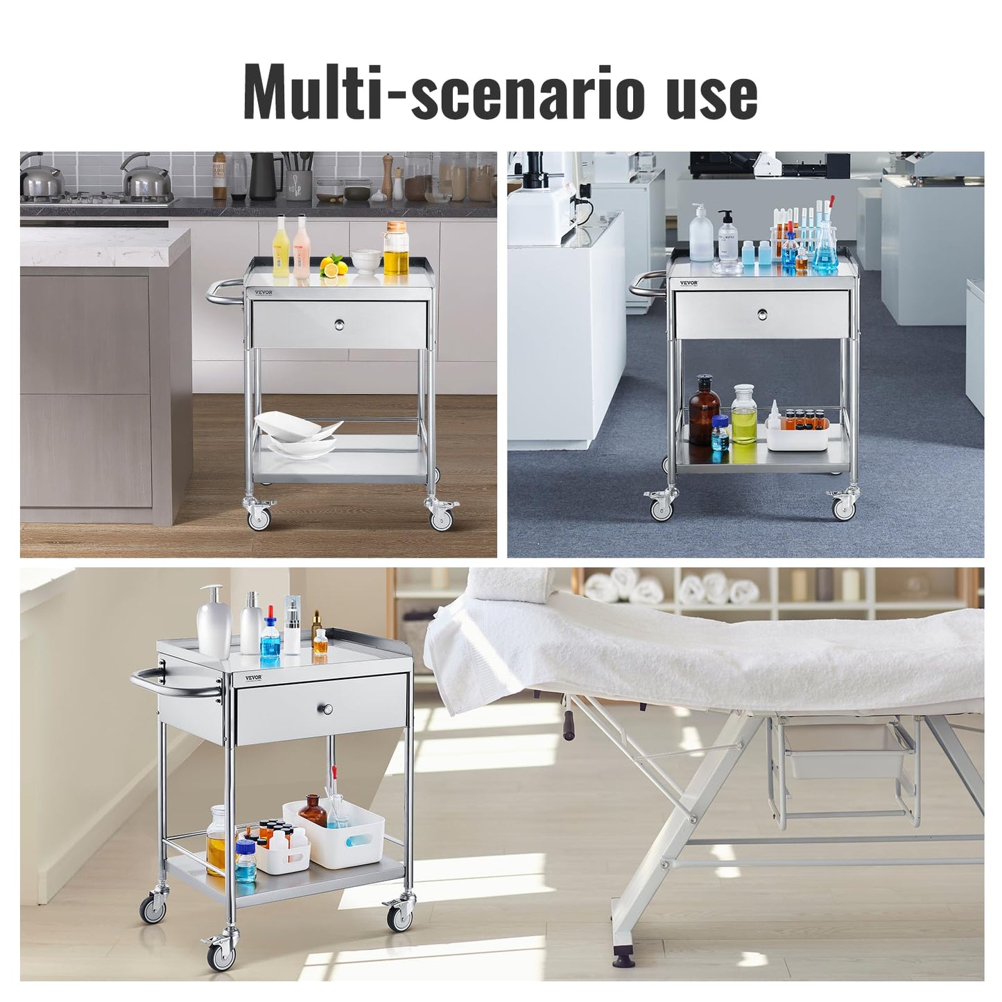 VEVOR Stainless Steel Utility Cart with Wheels - Medical/Dental Lab Cart - 2 Shelves/1 Drawer
