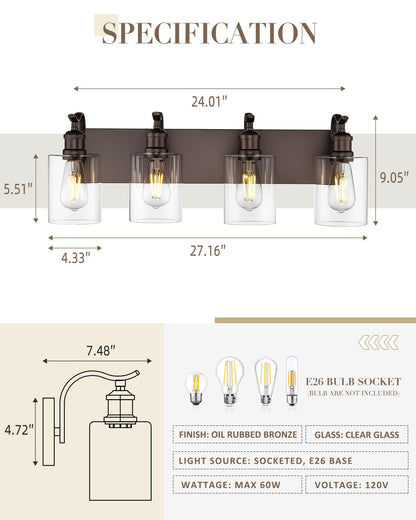 JAZAVA 4 Light Bathroom Vanity Light Oil Rubbed Bronze & Clear Glass ZCVL01ORB-4