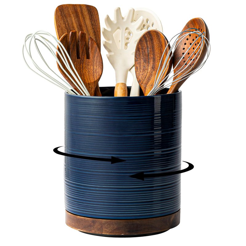 MIKIGEY Utensil Holder, 360° Rotating Extra Large Ceramic Kitchen Utensil Holder for Countertop, 7.3“ Cooking Utensil Crocks for Kitchen Counter with Rotatable Wooden Base, Farmhouse Decor, Dark Blue