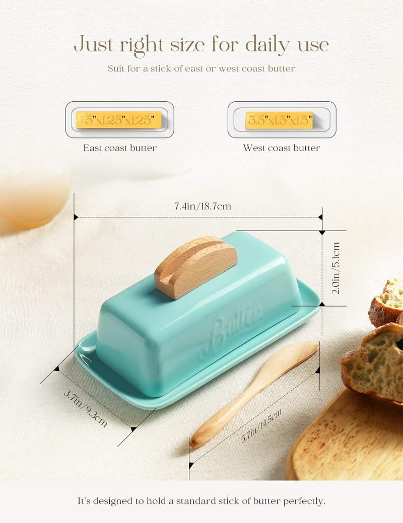 Butter Dish with Lid and Knife Ceramic Butter Holder for Counter Humanized Clamp-able Knife Handle Design, Perfect for East West Coast Butter, Skyblue