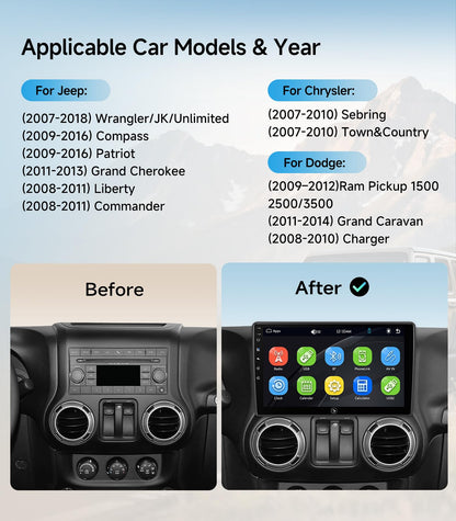 Car Radio Stereo Upgrade for Jeep Wrangler JK Compass Grand Cherokee Dodge Ram with Wireless CarPlay/Android Auto/10.2'' Touchscreen/Backup Camera