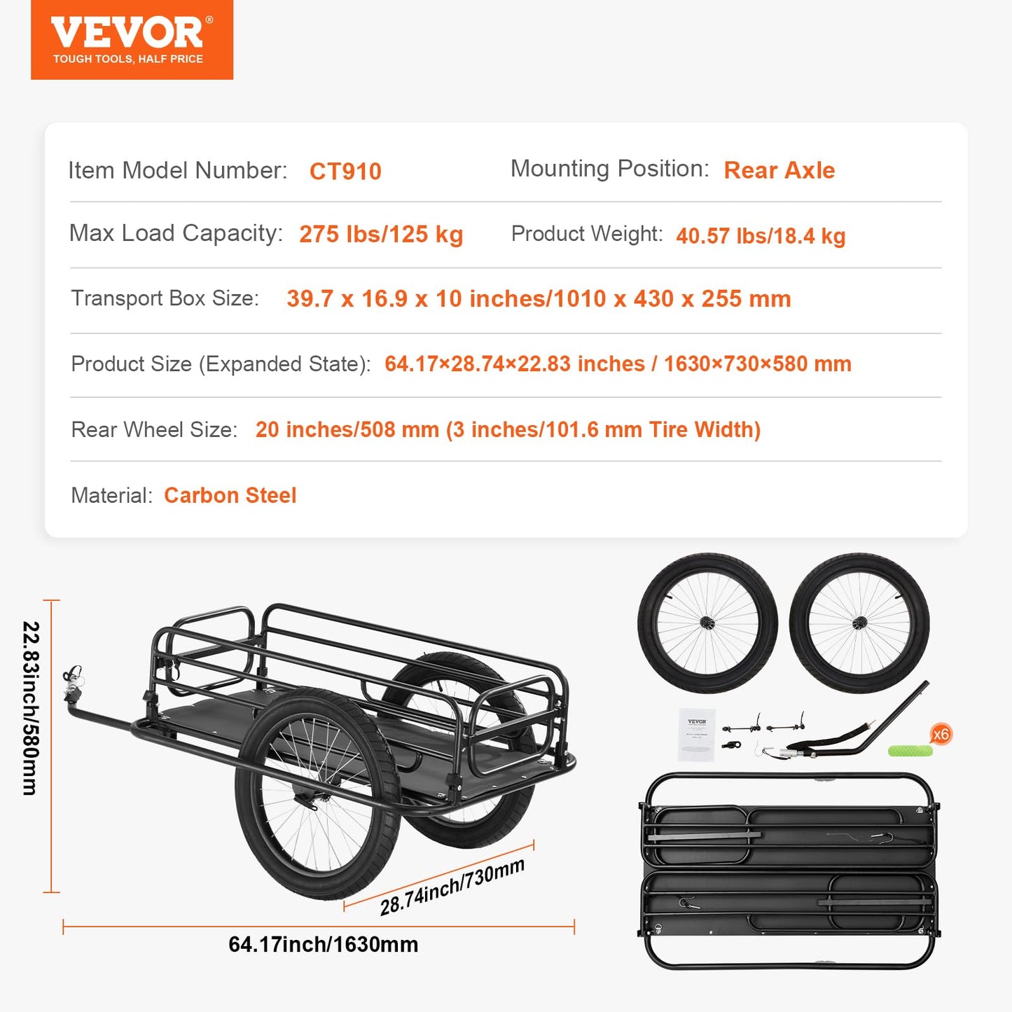 VEVOR Bike Cargo Trailer, 275 lbs Load Capacity, Foldable Compact Storage & Quick Release with Universal Hitch, 20" Wheels, Fits Most Bike Wheels, Carbon Steel Frame, Heavy-Duty Bicycle Wagon Cart