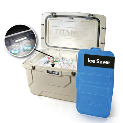 Titan PRO High Performance Ice Chest - 55 Quart Capacity - Hard Cooler with Interior LED Light, Dry Bin, Ice Saver Performance Booster and Microban Protection - Driftwood Tan