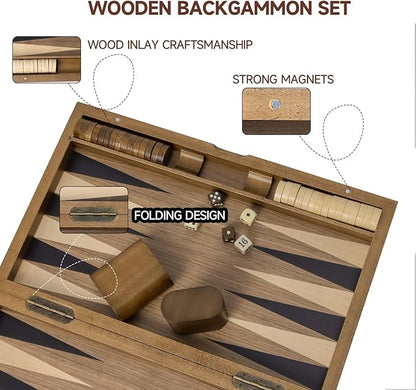 GSE Games &amp Sports Expert Premium Wooden Folding Inlay Backgammon Board Set Classic Traditional Strategy Board Games (Double Stripe- 17 Inches)