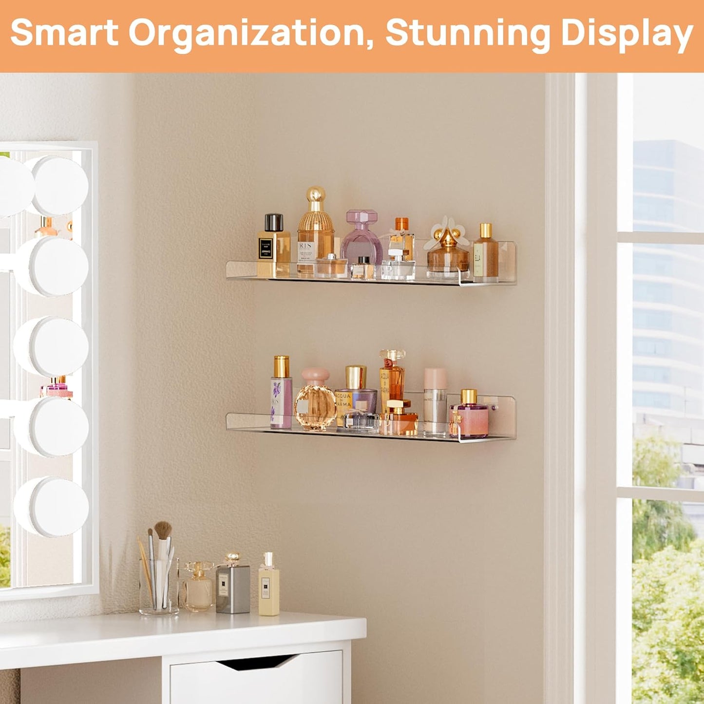 Upsimples Acrylic Floating Shelves - Versatile Wall Organizer for Bathroom, Bedroom, or Living Room | Clear, 15" - 2 Pack