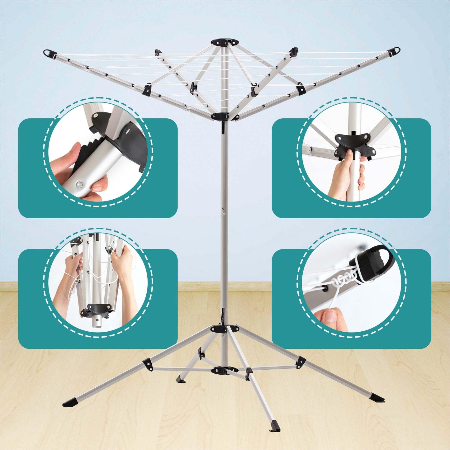 JS HANGER Portable Umbrella Clothesline, 65 Ft of Hanging Space, Pre-Strung with Stable Base,4-arm Drying Rack for Indoor and Outdoor Clothes