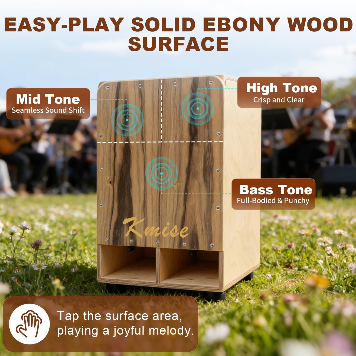 Kmise Portable Cajon Drum Box, 11.8×12.2×19.6" Adjustable Snare Cajons Drums, Solid Ebony & Birch Wood, Percussion Instrument Gift for Adults Kids, With Carry Bag,for Home Live Performance Practice