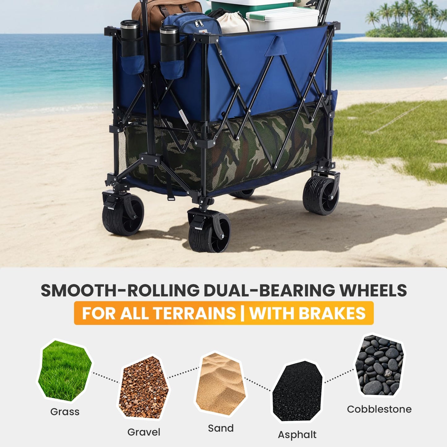 NEWBULIG Large Capacity Folding Double Decker Wagon with Brakes, 440lbs Wagons Carts Foldable Wagon Cart with Flexible Handle, All-Terrain Big Wheels for Grocery Sports Garden Camping