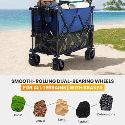 NEWBULIG Large Capacity Folding Double Decker Wagon with Brakes, 440lbs Wagons Carts Foldable Wagon Cart with Flexible Handle, All-Terrain Big Wheels for Grocery Sports Garden Camping