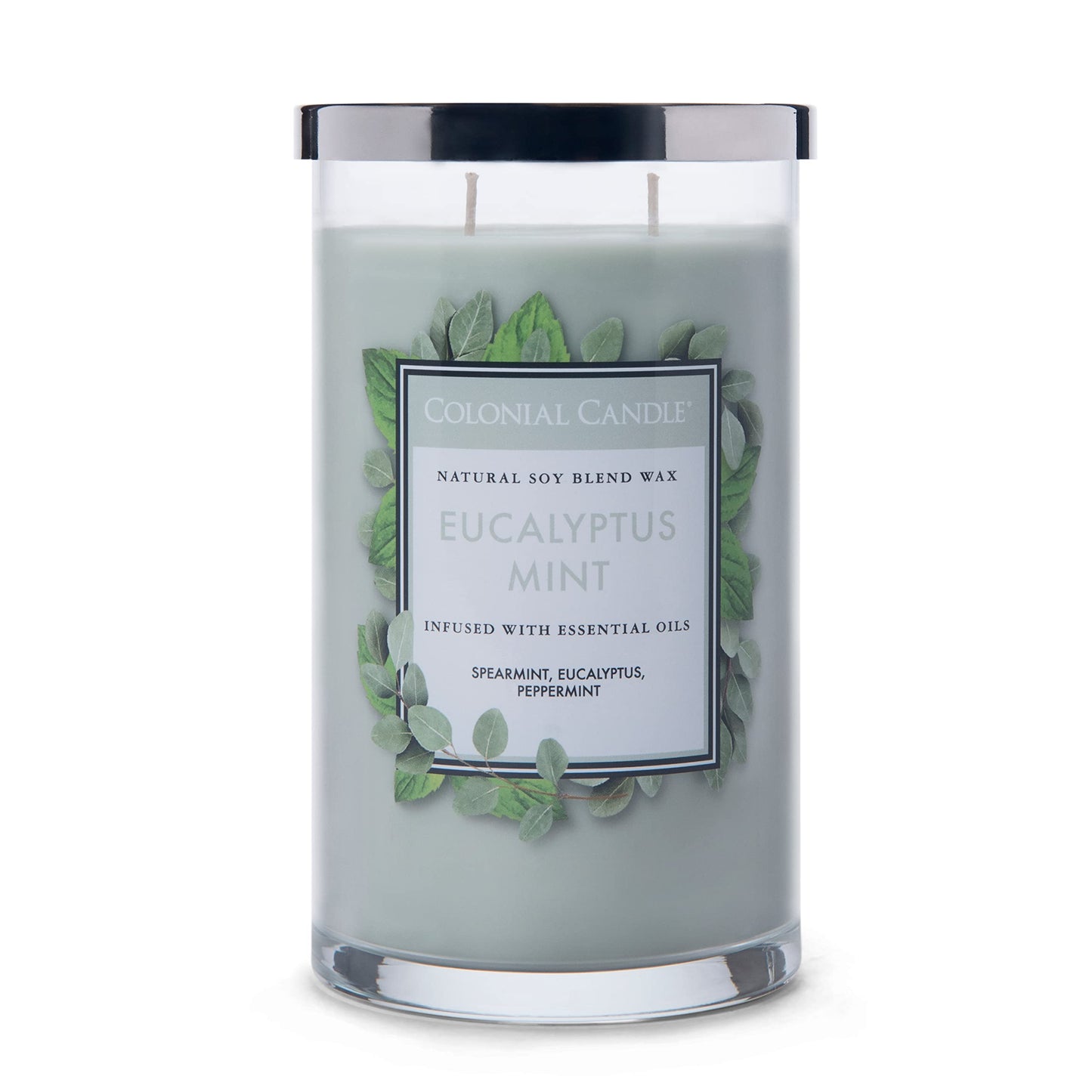 Colonial Candle Eucalyptus Mint Scented Jar Candle, Classic Cylinders Collection, 2 Wick, Green, 19 oz - Up to 120 Hours Burn