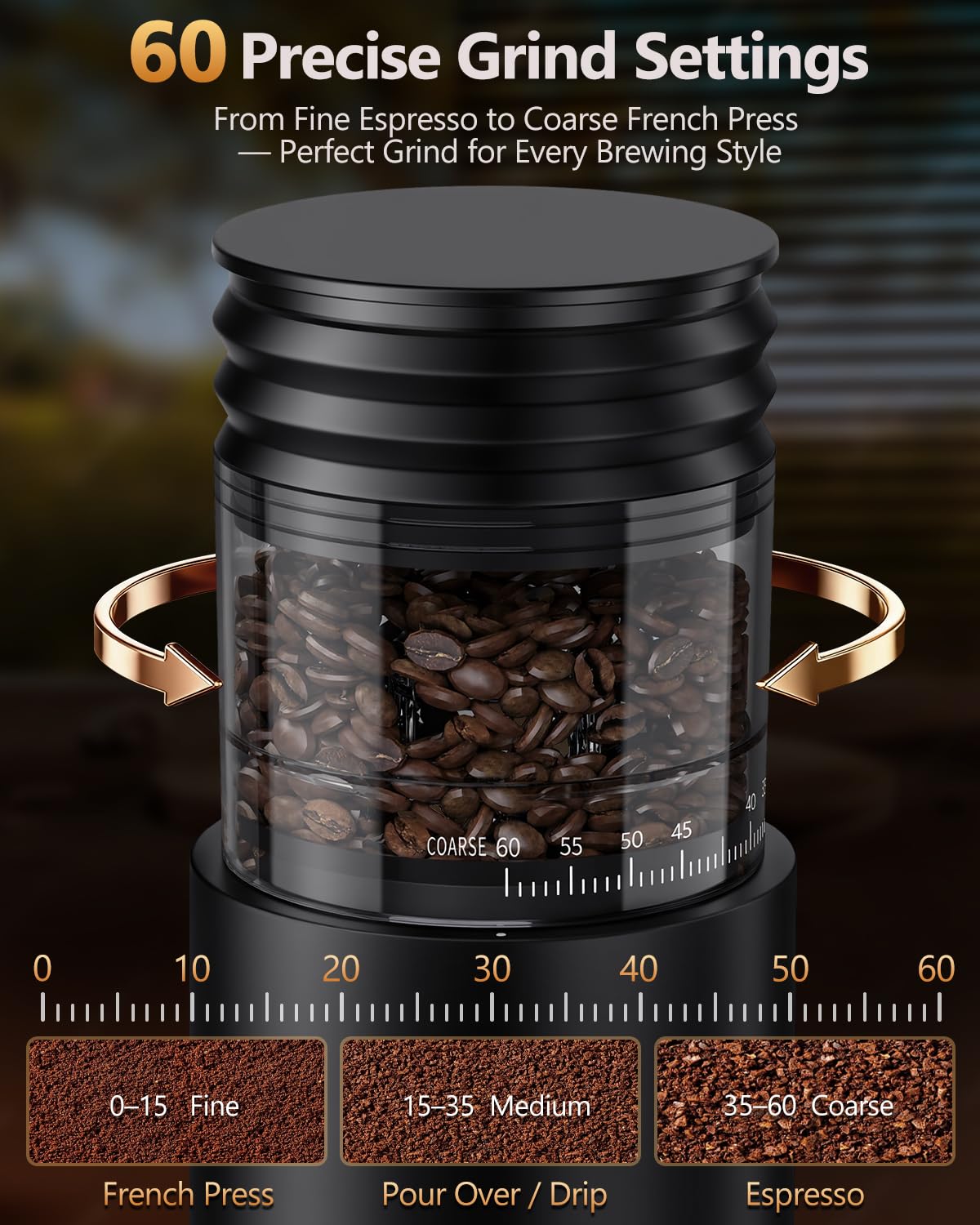 COOL KNIGHT Rechargeable Conical Burr Coffee Grinder, 60 Grind Settings & 5–98 Level Timer, Espresso Grinder with Bellows Hopper and Portafilter Holder, Easy to Clean