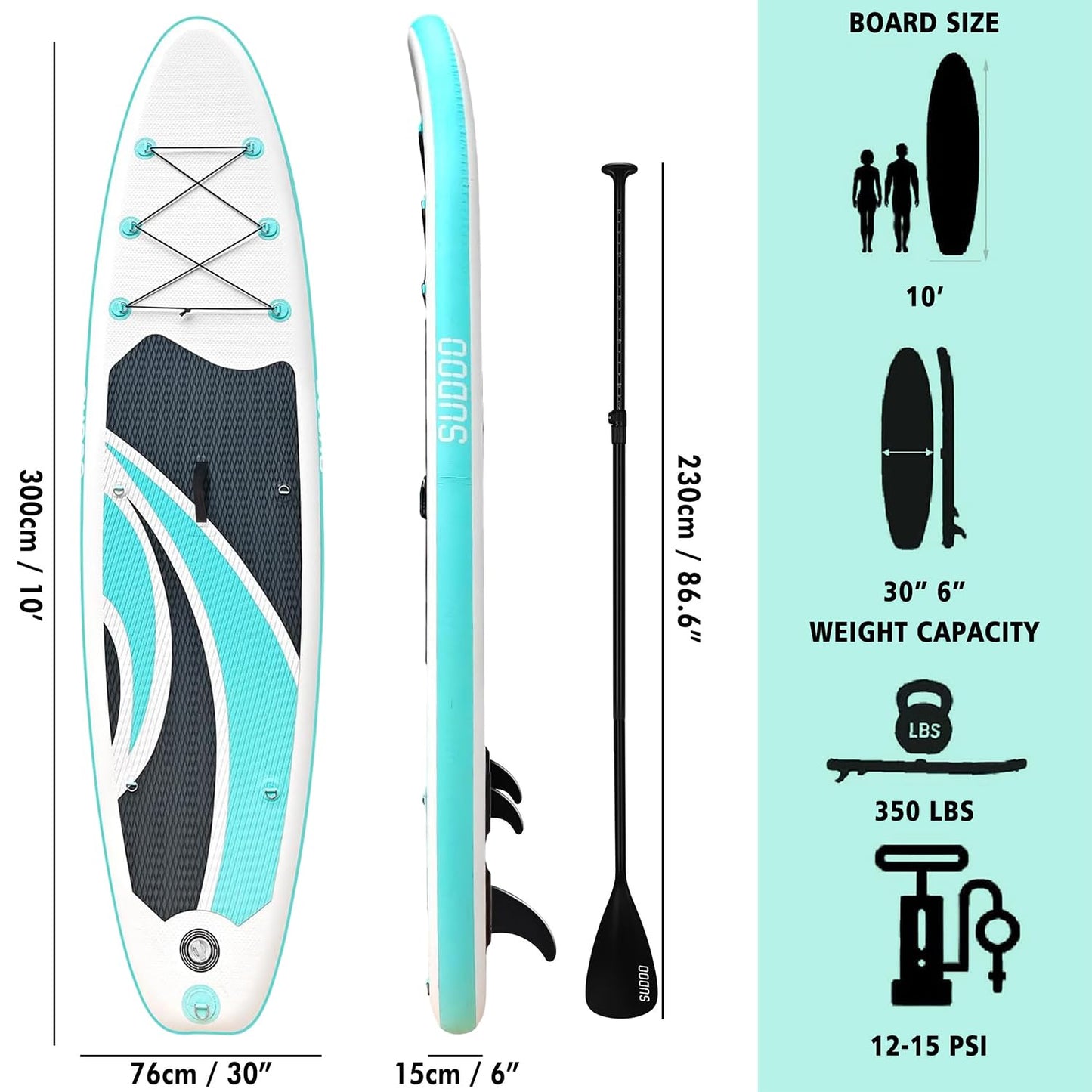 SUDOO Inflatable Stand Up Paddle Board 10'x30 x6 Ultra-Light SUP Stand-Up Paddleboard for Adults with Backpack, Pump, Paddle, Coil Leash, Triple Fins, Repair Kit