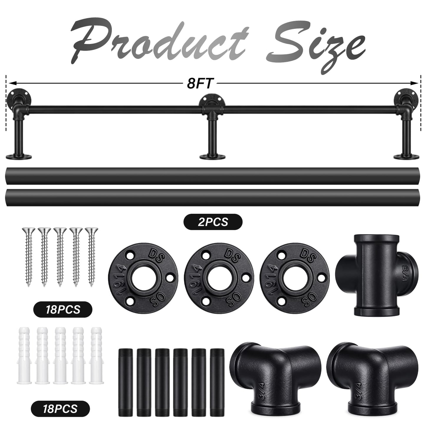 Zonon 8 ft Bar Foot Rail Kit Matte Black Industrial Pipe Railing for Bar Foot Rest Brackets Undercounter Mount Hardware and Tubing Complete Railing Kit for Kitchen Indoor Outdoor