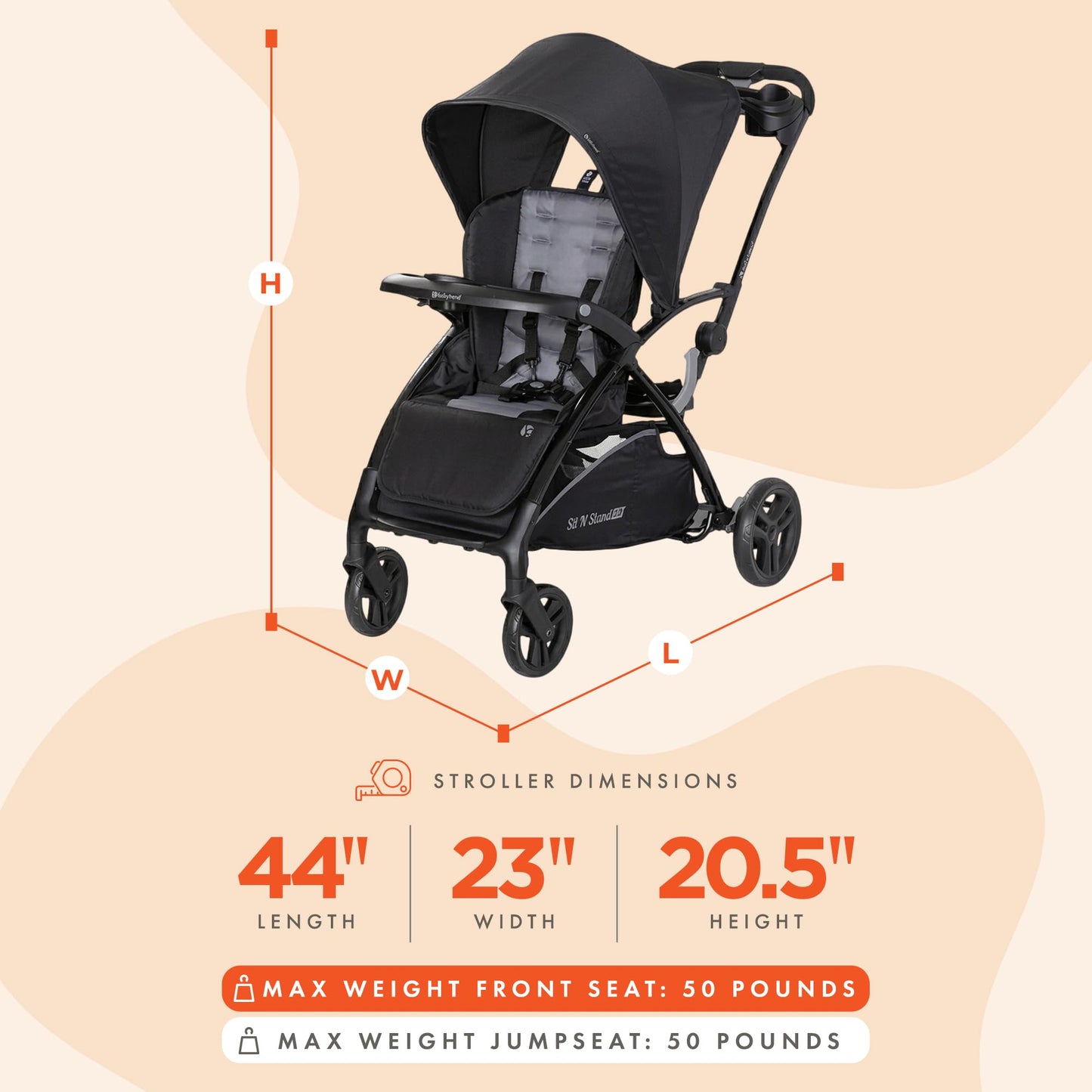 Baby Trend Sit N' Stand 2.0, 5-in-1 Collapsible Sit and Stand Double Stroller with Bench and Standing Board, Compact Fold, Parent Console, Simple Grey