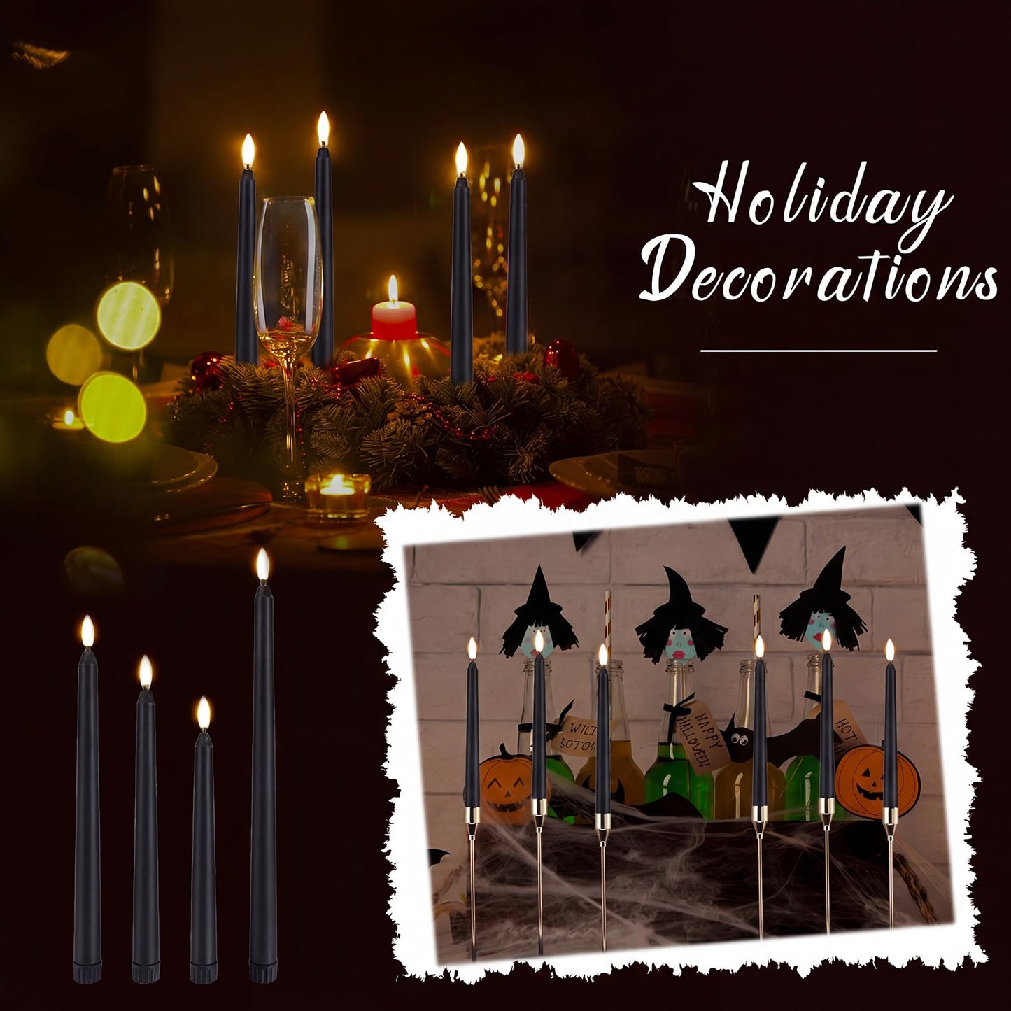 Baquler 40 Pcs Flameless Taper Candles LED Flickering Taper Candlesticks Bulk Battery Operated Flameless Candle for Wedding Halloween Christmas Birthday Decoration, 8.5/9.7/10.8/12.8 Inch (Black)