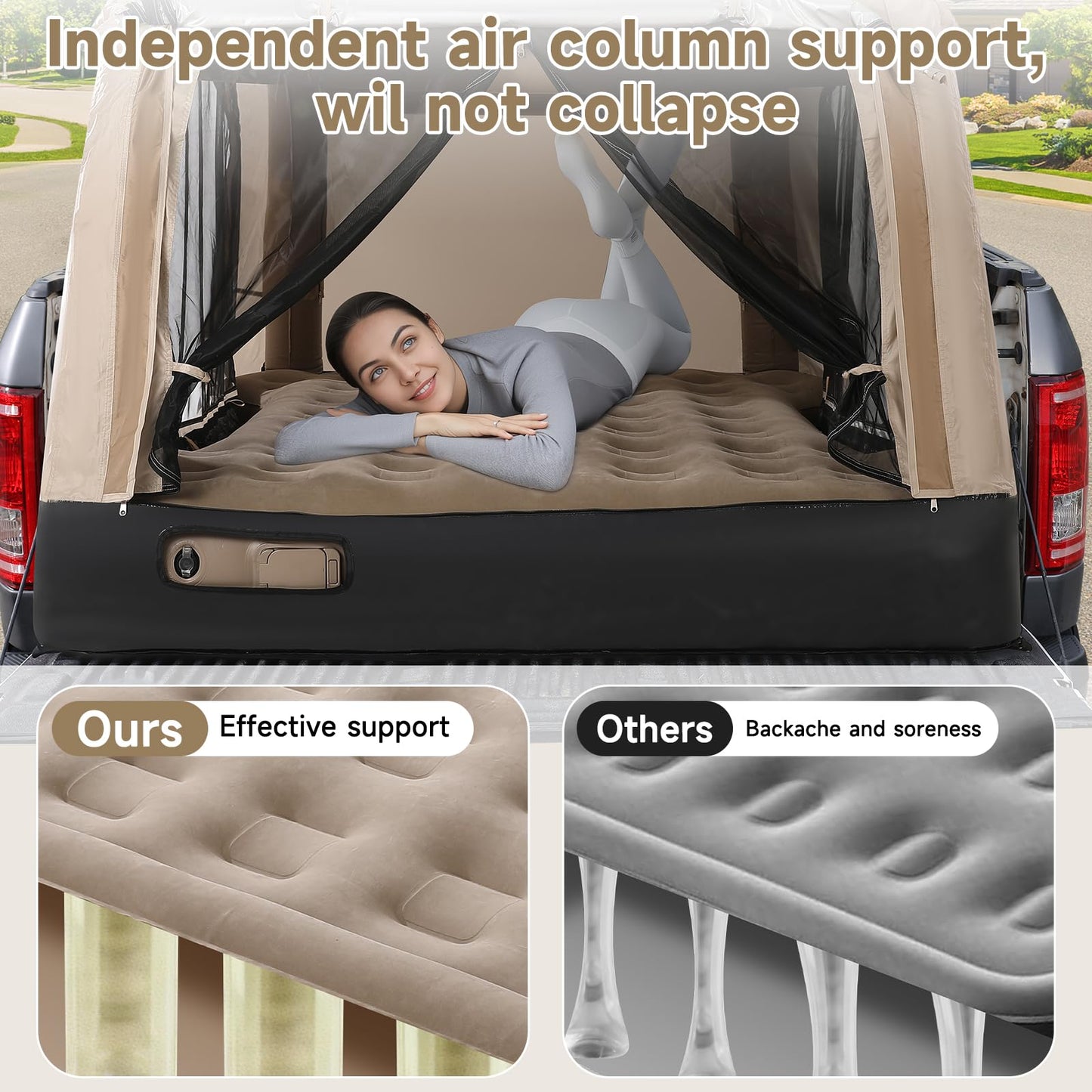 OPP ULITE All-in-One Truck Bed Tent Auto Inflate Deflate Built in Pump 4.92FT, PU2000mm Waterproof Pickup Tent Air Mattress Camping Travel Outdoor Activities for Ford F150, Silverado, Tundra