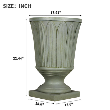 Merax 22.44" H Classical Embossed Leaf Pedestal Urn Planter Weather-Resistant MGO Outdoor Flower Pot for Garden Patio and Front Porch Entrance,Antique Mossy Grey