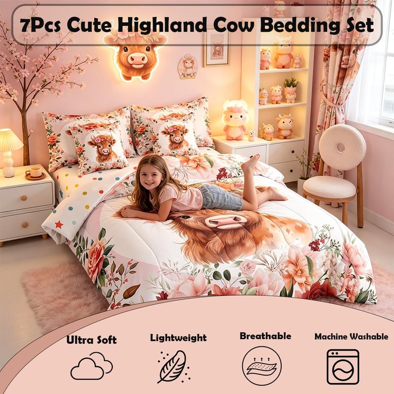 Feelyou Cute Highland Cow Bedding Set Twin Size 7 Pieces Cartoon Animal Comforter Set Flower Floral Print Farm Zoo Garden Theme Bed in a Bag with Comforter, Sheets, Pillowcases & Cushion Cover