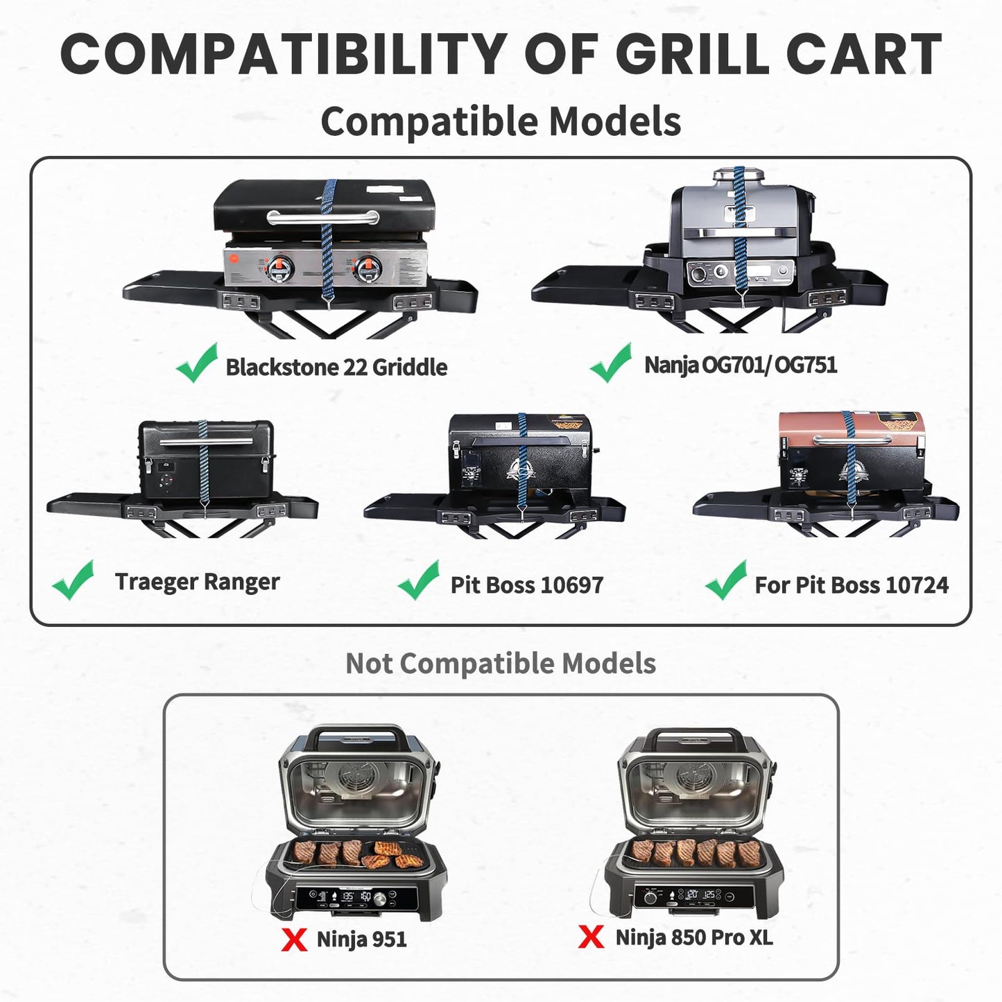 GRISUN Foldable Grill Table Stand for Ninja Woodfire Outdoor Grill（OG700/701/751), Portable Camping Table for Blackstone 22", Portable BBQ Stand with 2 Wheels, Side Table & Storage Basket