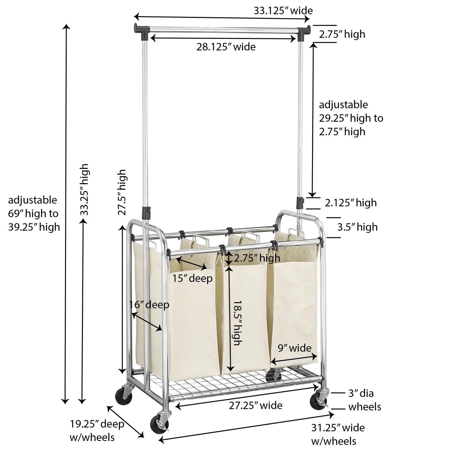 Household Essentials 3-Bag Laundry Sorter with Clothes Rack, Silver, Lightweight, Removable, Sturdy