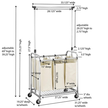 Household Essentials 3-Bag Laundry Sorter with Clothes Rack, Silver, Lightweight, Removable, Sturdy