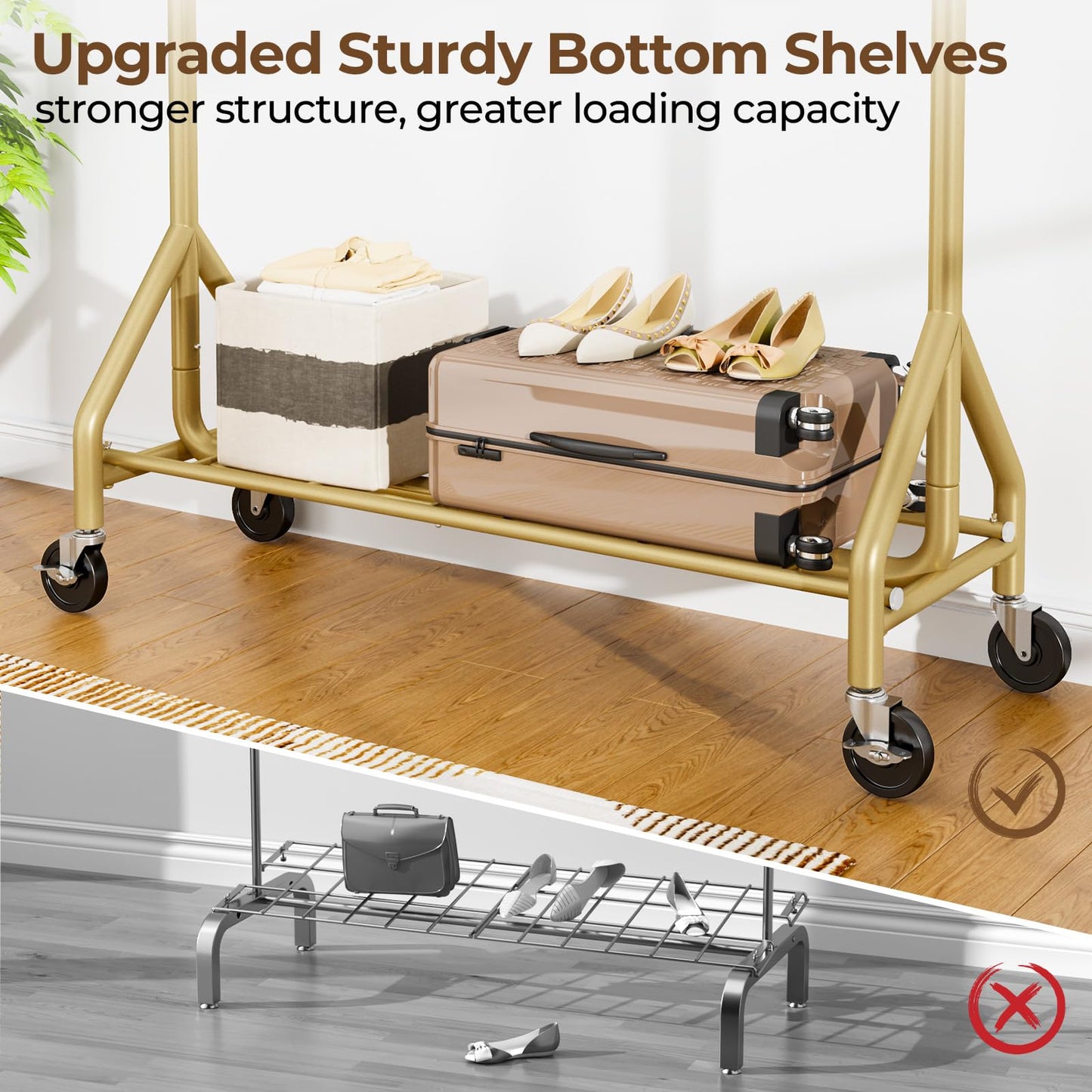 HYSEYY Heavy Duty Clothes Rack Load 450 LBS, Metal Garment Rack, Standing Rolling Clothing Rack for Hanging Clothes with Sturdy Wheels & Shelves, Portable Closet Wardrobe Rack,Gold