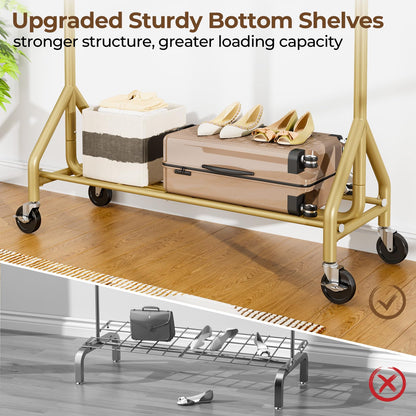 HYSEYY Heavy Duty Clothes Rack Load 450 LBS, Metal Garment Rack, Standing Rolling Clothing Rack for Hanging Clothes with Sturdy Wheels & Shelves, Portable Closet Wardrobe Rack,Gold